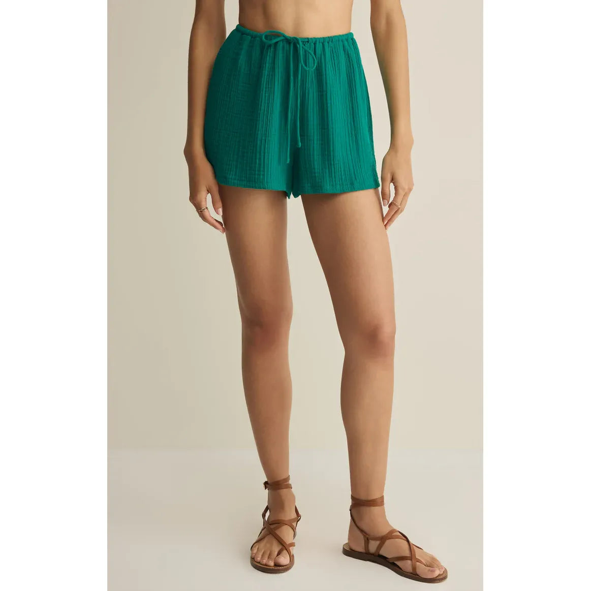Z Supply Daylight Airy Shorts in teal with drawstring waist, side pockets, and lightweight crinkled cotton