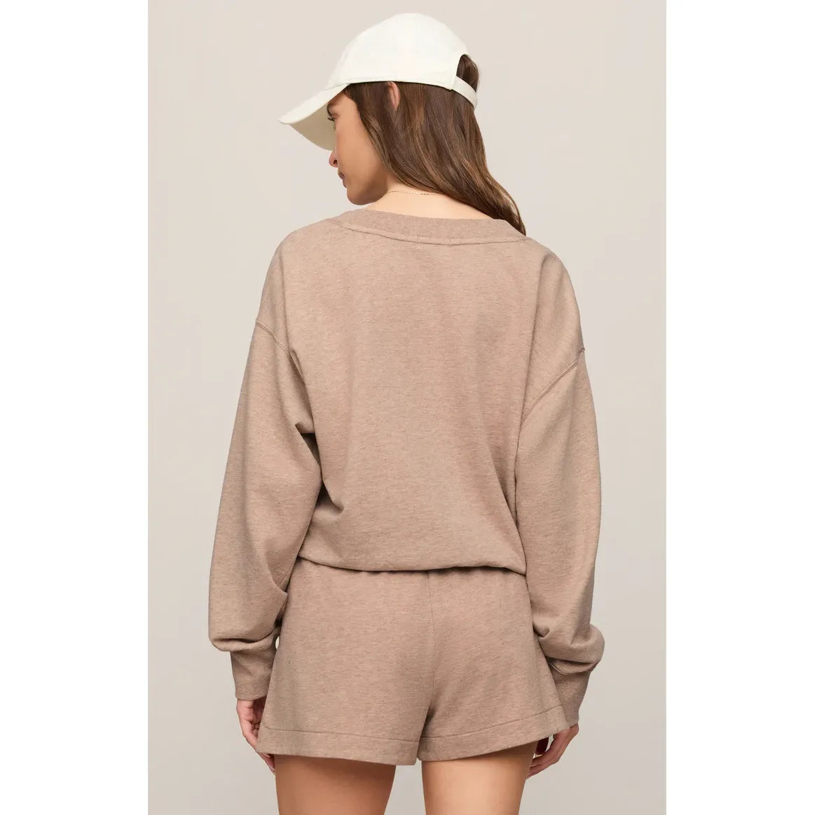 Z Supply Everyday V-Neck taupe Baby French Terry lounge set on model, relaxed-fit top and shorts.
