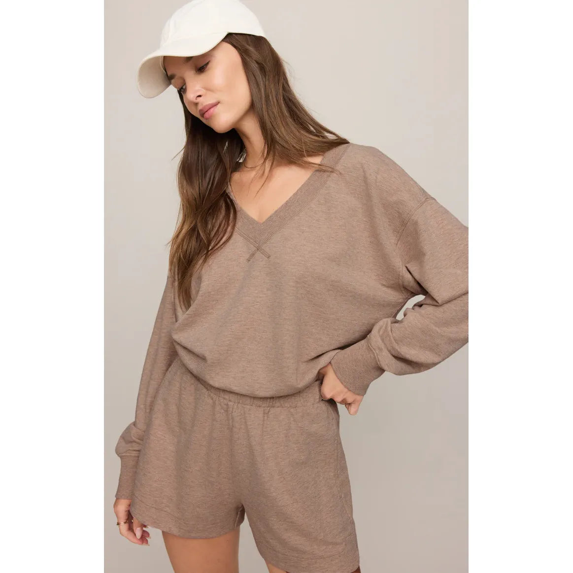 Z Supply Everyday V-Neck taupe lounge set in ultra-soft Baby French Terry with relaxed fit.