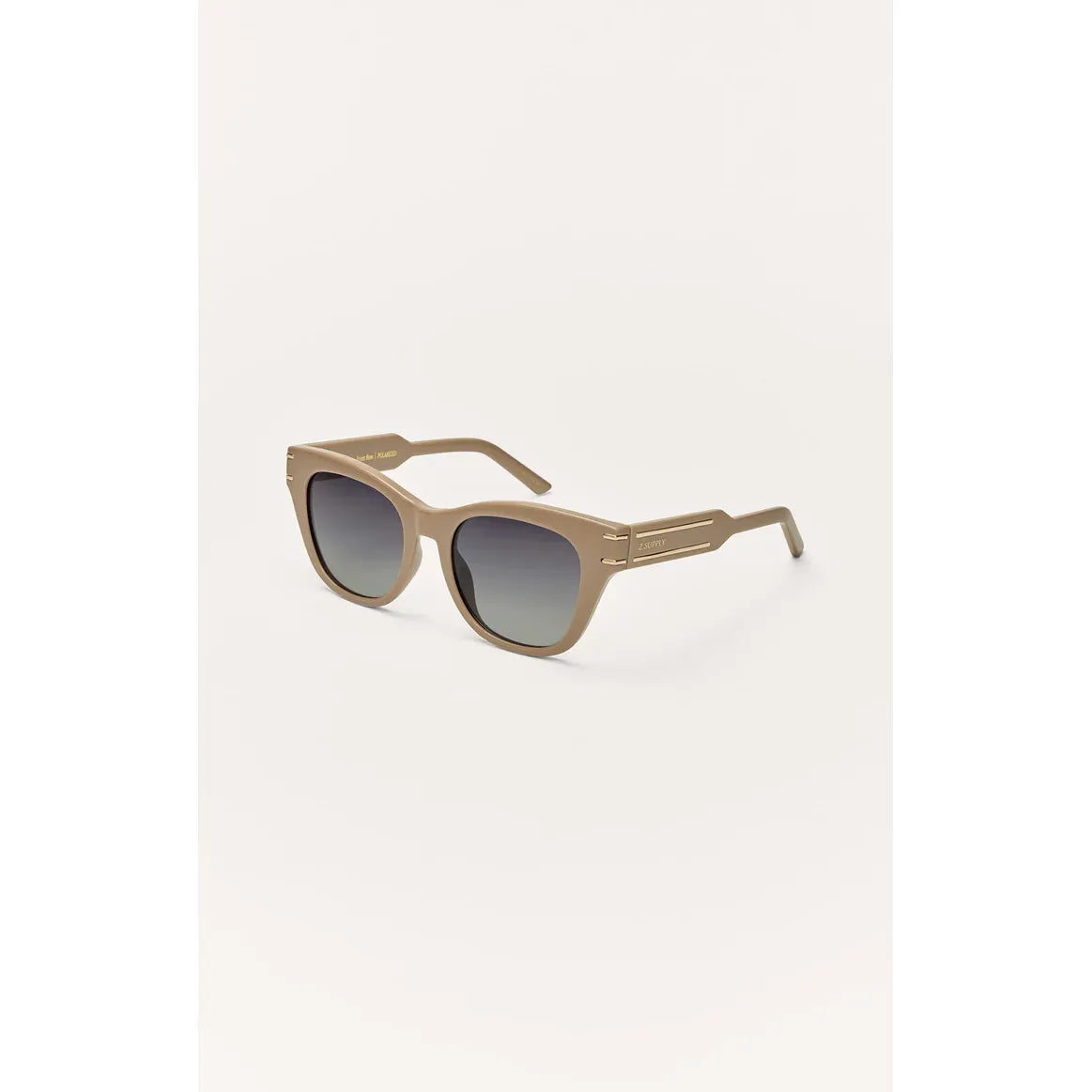 Z Supply Front Row sunglasses with beige frame, round lenses, metal accents, polarized UVA, UBC & UVC protection