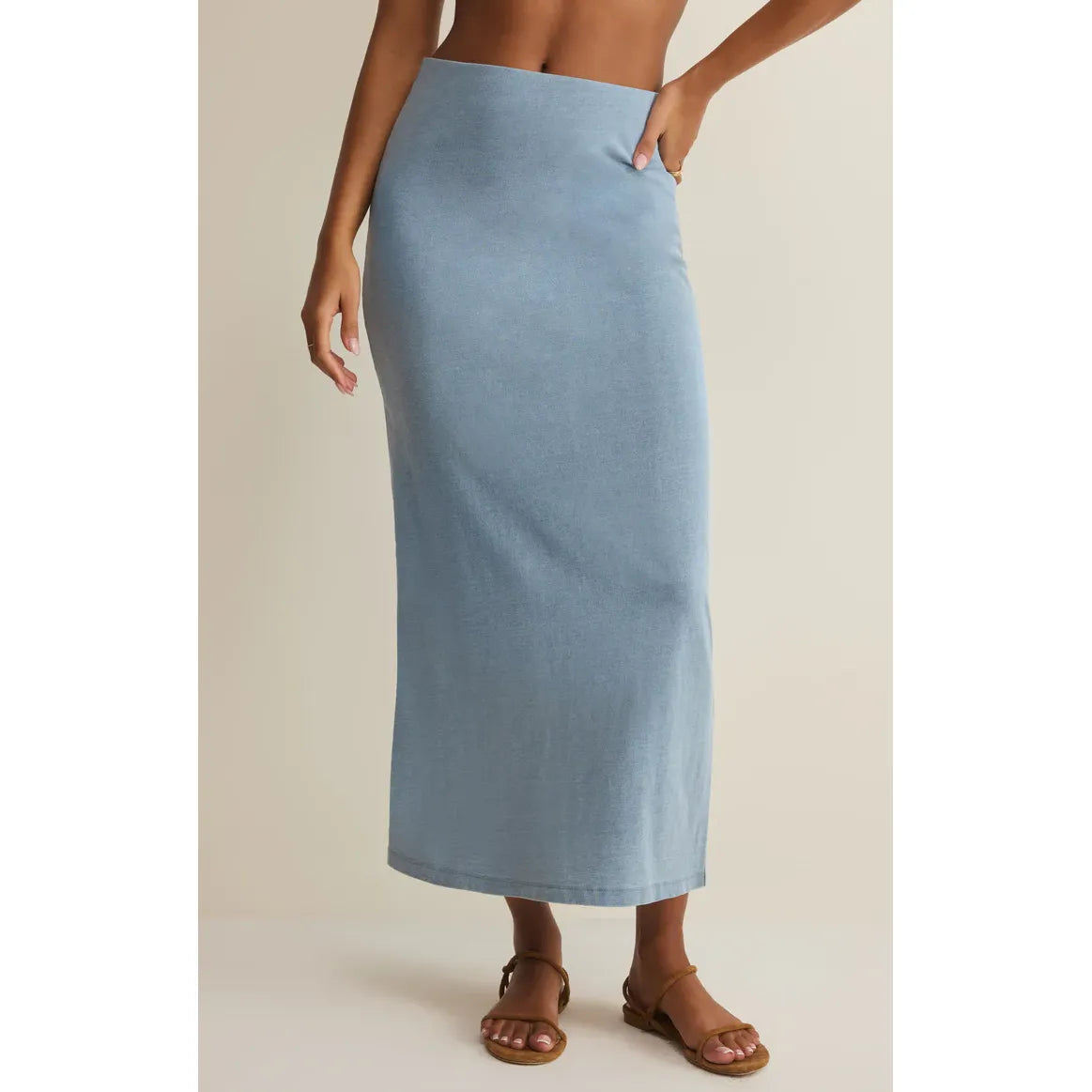 Z Supply Gail Jersey Midi Skirt in light blue, elastic waist, flowing midi length.