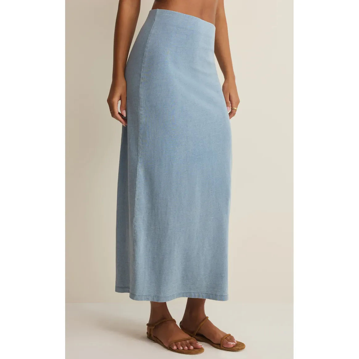 Z Supply Gail Midi Skirt in light blue, high-waisted elastic waistband, flowing midi length.