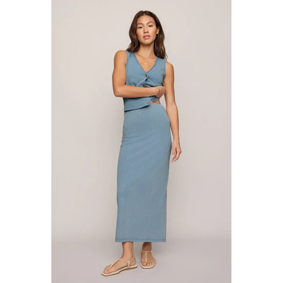 Z Supply Gail Midi Skirt in soft blue cotton jersey with an elastic waist, draping midi-length.