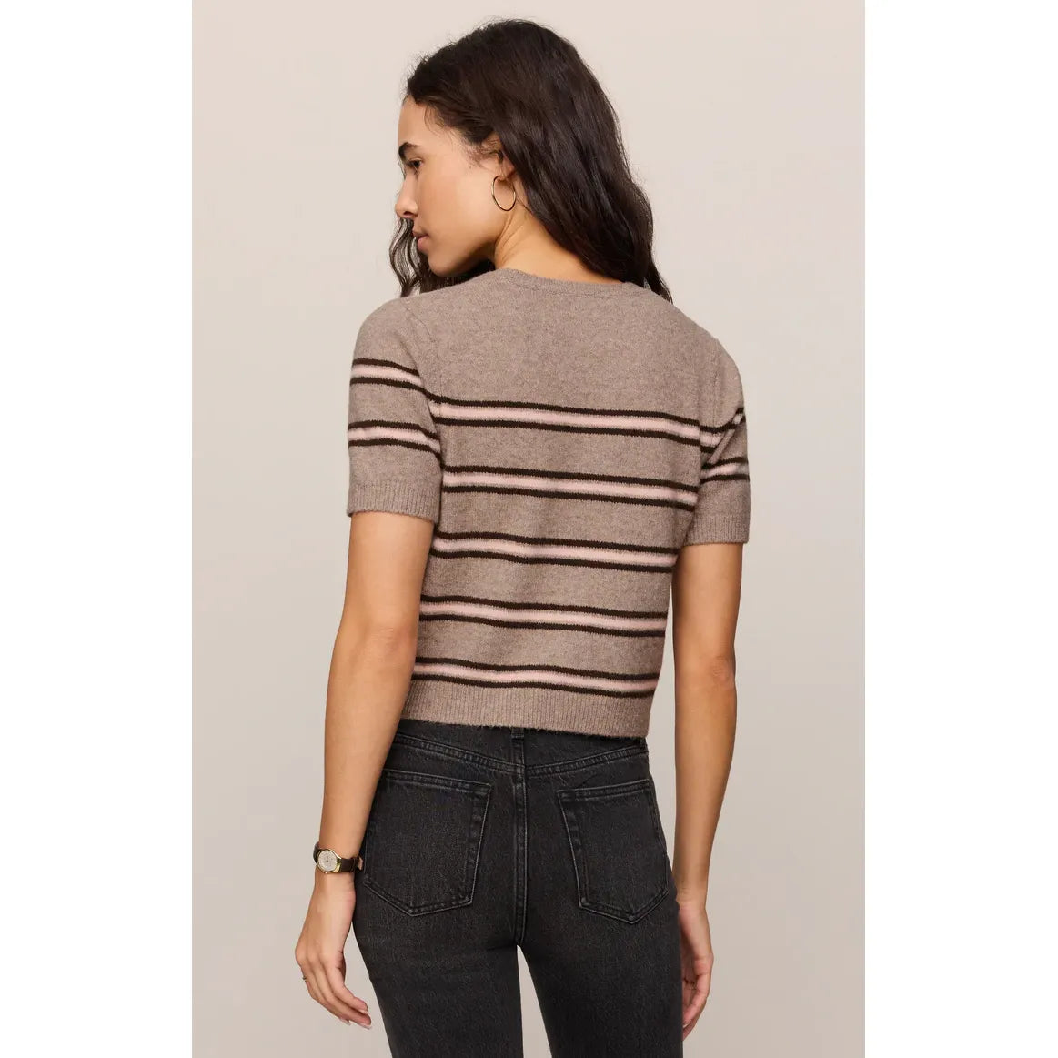 Striped short-sleeve sweater tee in taupe with black and pink horizontal bands, featuring a soft cotton-blend knit and cropped fit.
