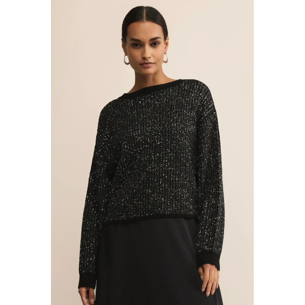 Z Supply Gleam Sequin Sweater in black, lightweight knit with sparkly sequins for festive, versatile style.