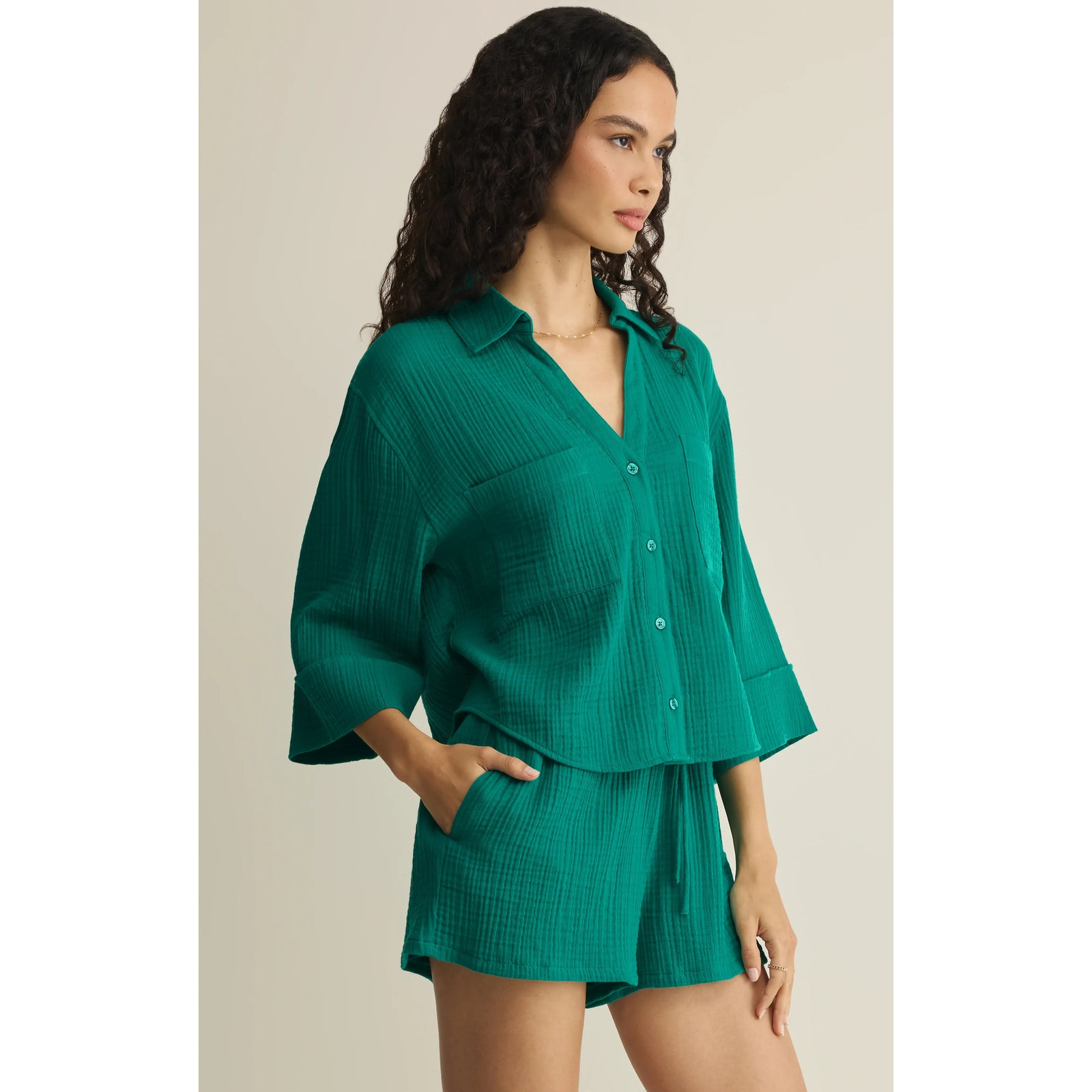 Green Z Supply Helena Shirt with front pockets, relaxed fit, button-down.