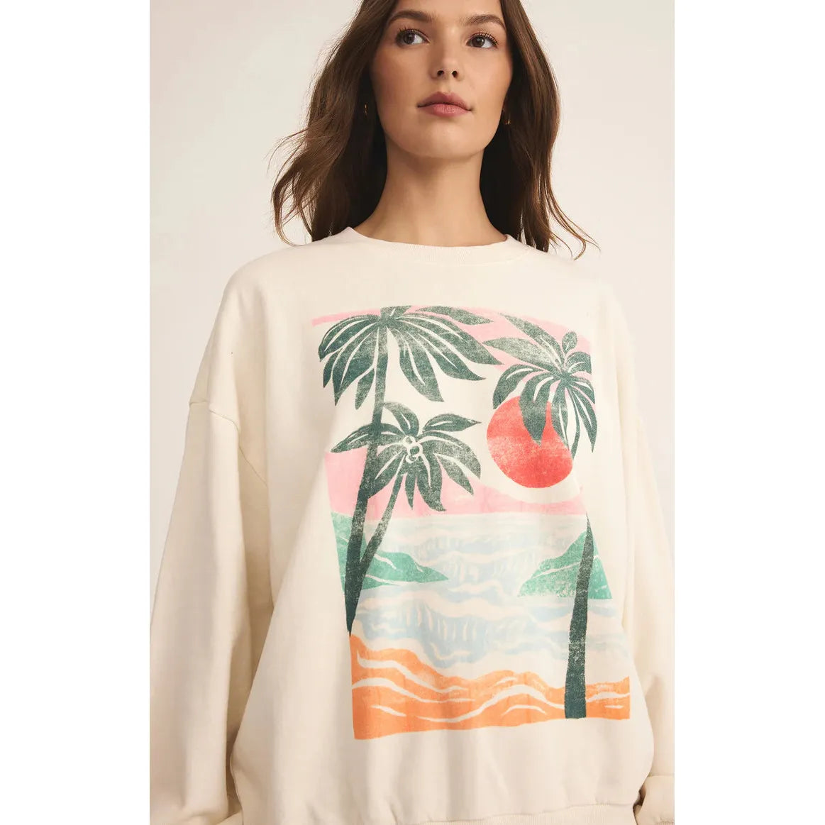 Z Supply High Tide Sunday Sweatshirt features a cozy beach-inspired print for relaxed, stylish afternoons.