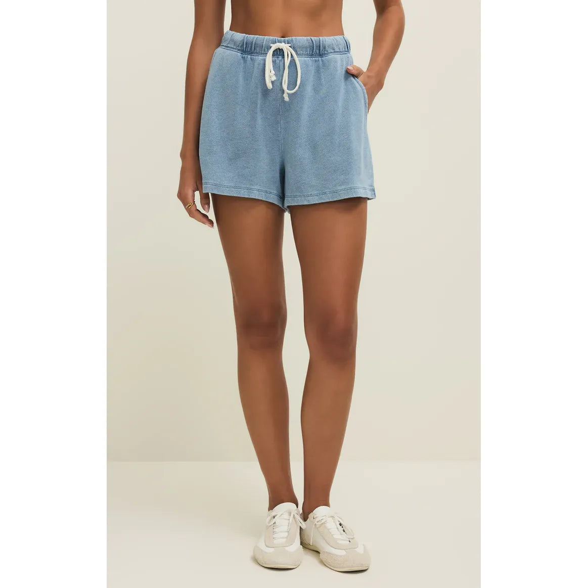 Z Supply Hunter Knit Denim Shorts with high-rise, drawstring waist, slash pockets, French terry fabric