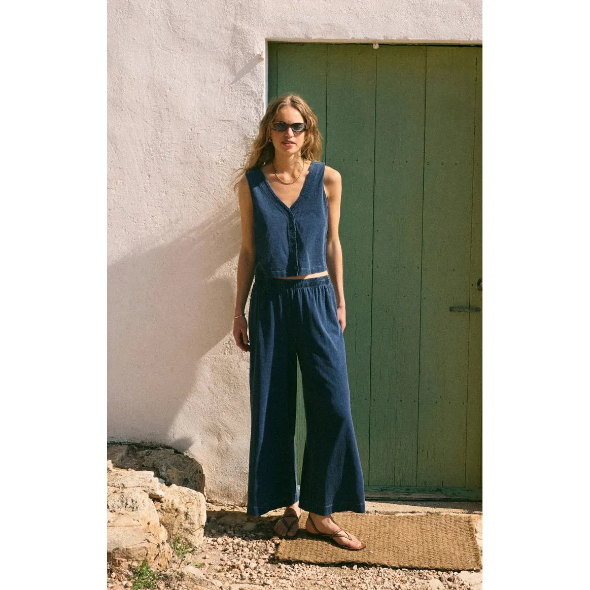 Model wearing Z Supply Scout Jersey Denim Pant in indigo: relaxed, wide-leg jersey denim with elastic waist.