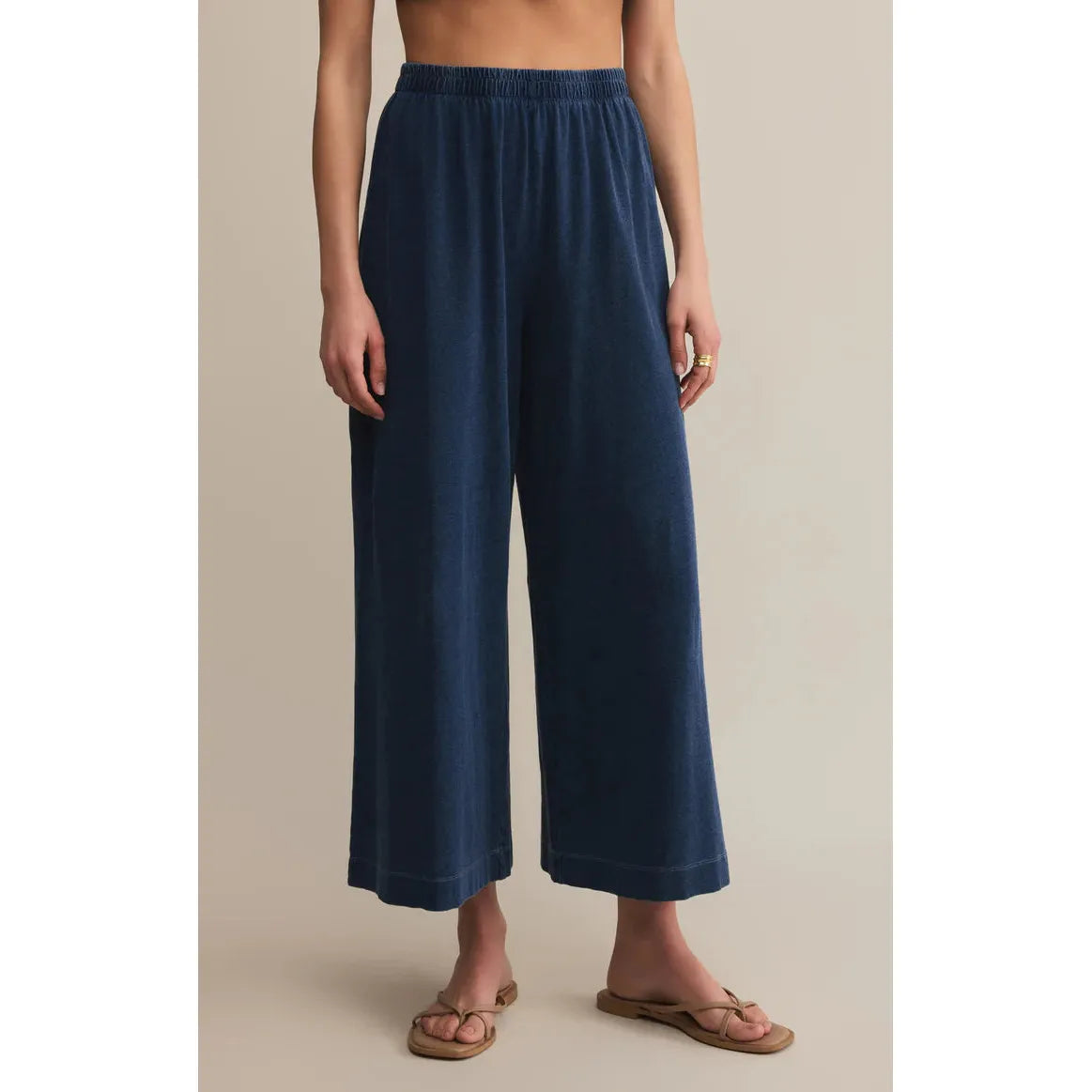 Z Supply Scout Jersey Denim Pant — navy relaxed wide-leg with elastic waist and soft denim jersey finish