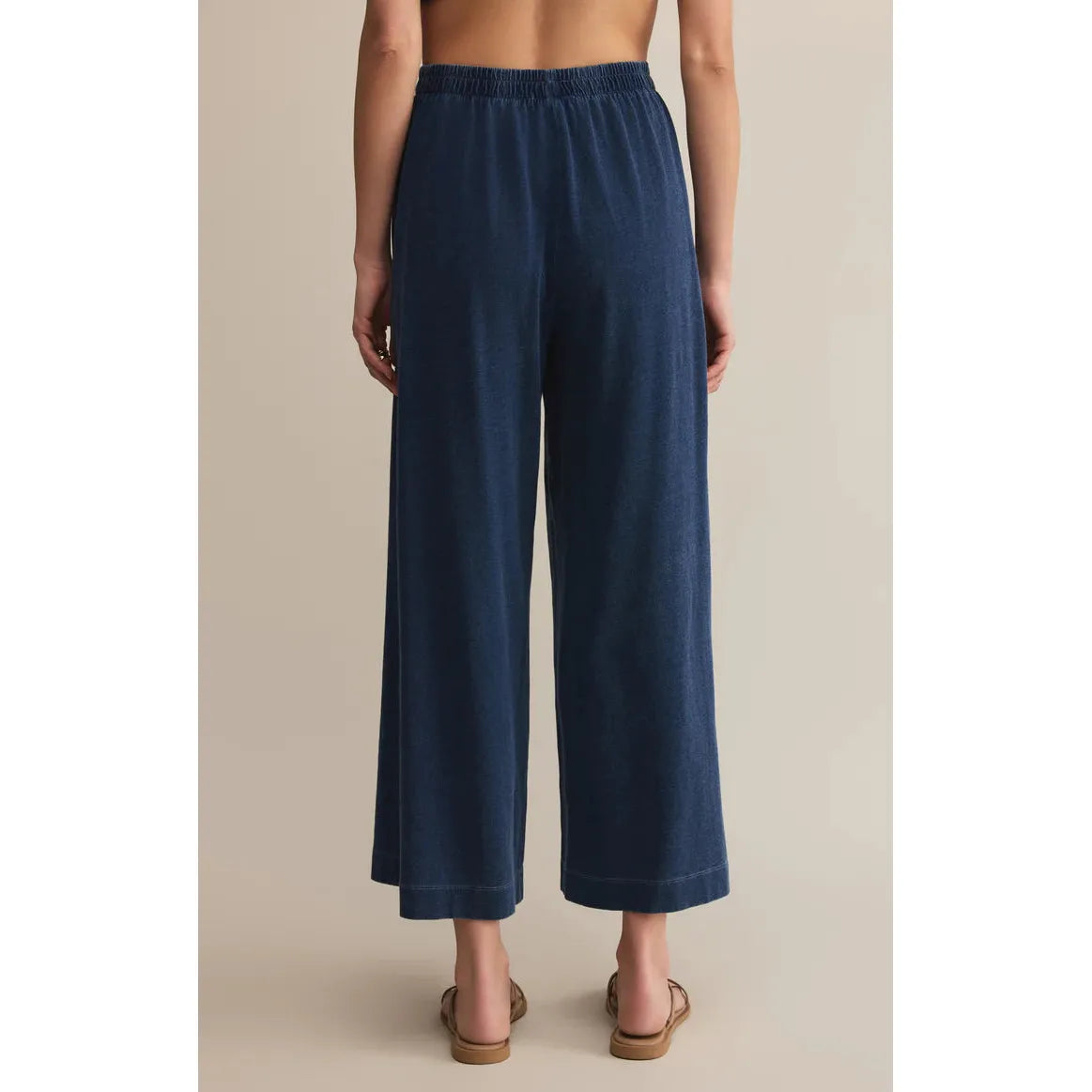 Z Supply Scout Jersey Denim Pant indigo, relaxed wide-leg jersey denim with elastic waist, back view