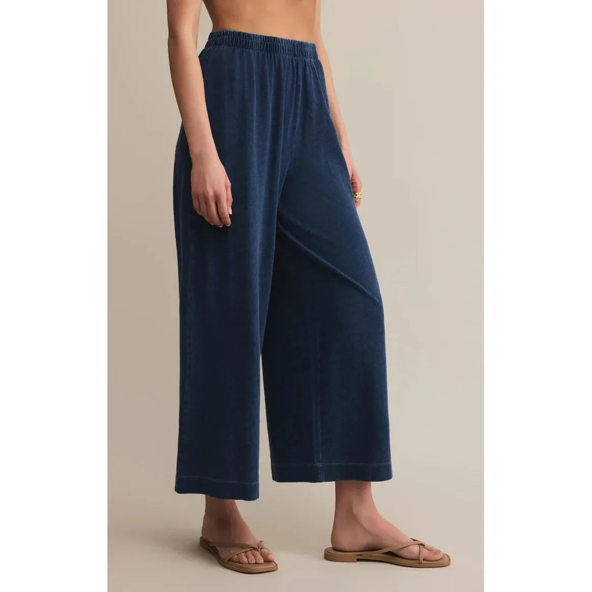 Z Supply Scout Jersey Denim Pant in indigo — relaxed wide-leg jersey denim with elastic waist, handcrafted soft look