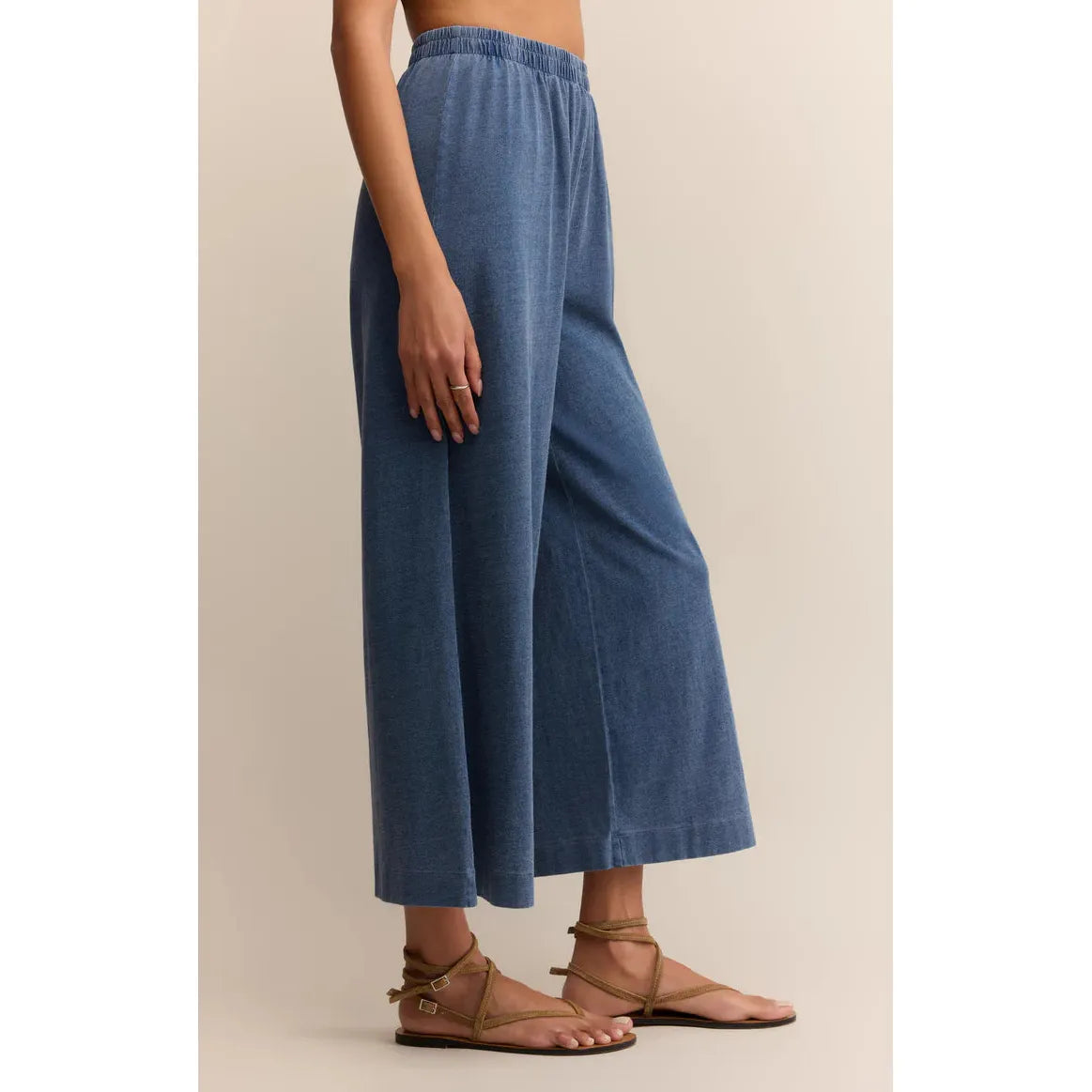 Z Supply Scout Jersey Denim Pant in vintage indigo, relaxed soft jersey denim wide-leg cropped pant shown on model