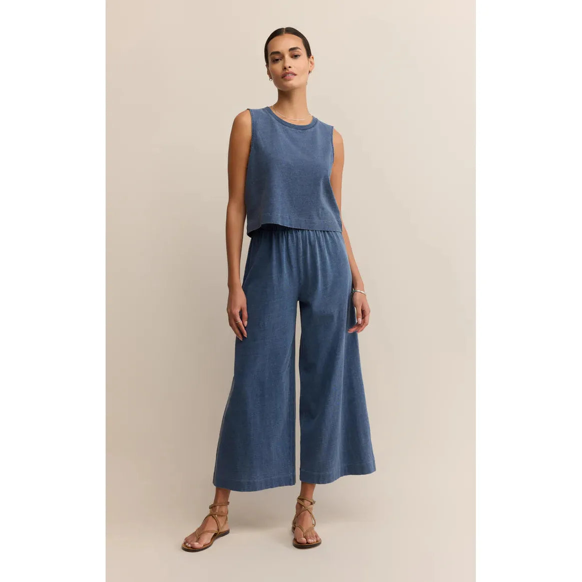 Z Supply Scout Jersey Denim Pant in vintage indigo on model — relaxed wide-leg, elastic waist, soft jersey denim look