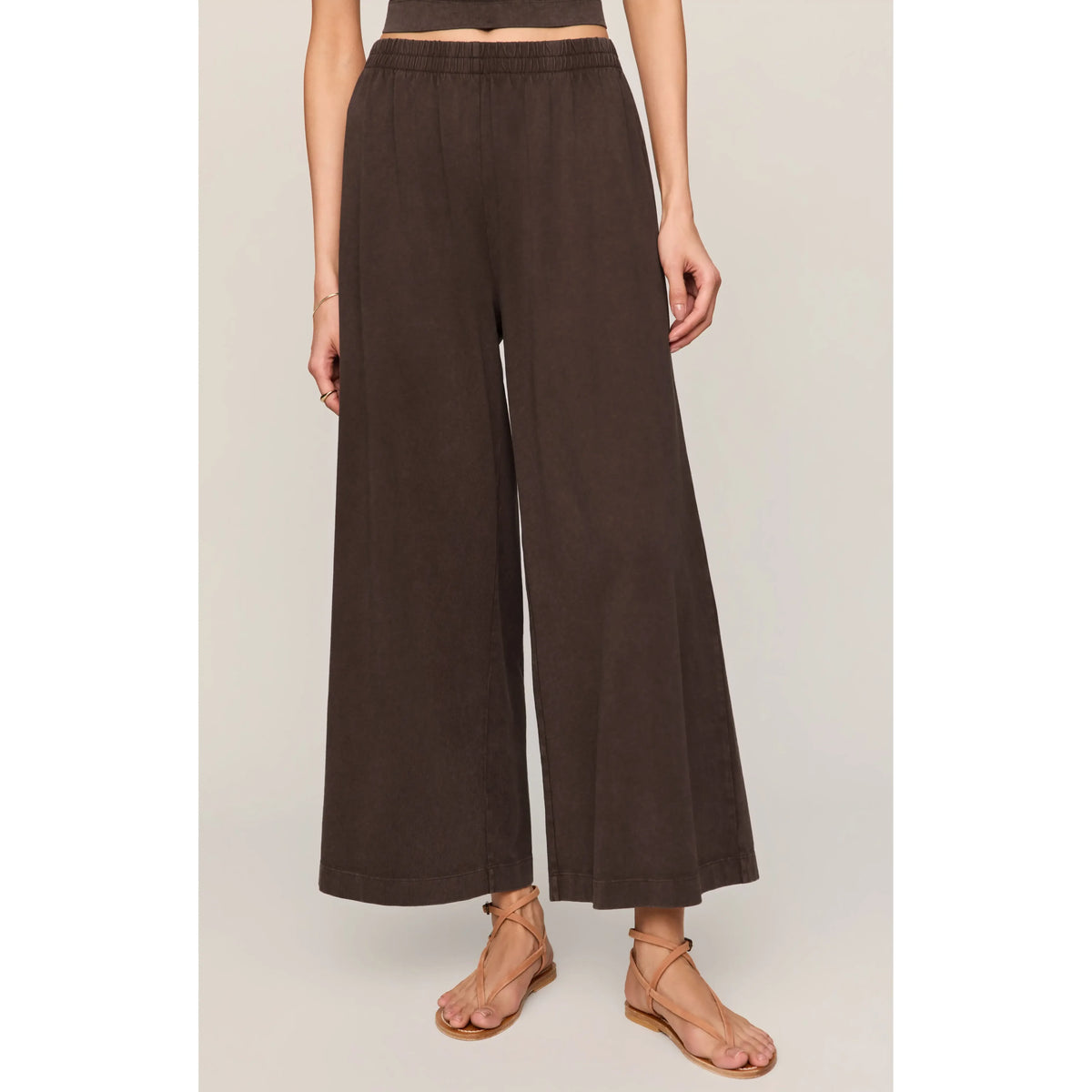 Z Supply Scout Jersey Crop Flare Pant in chocolate brown, high-rise ankle-length, relaxed-fit 100% cotton jersey.
