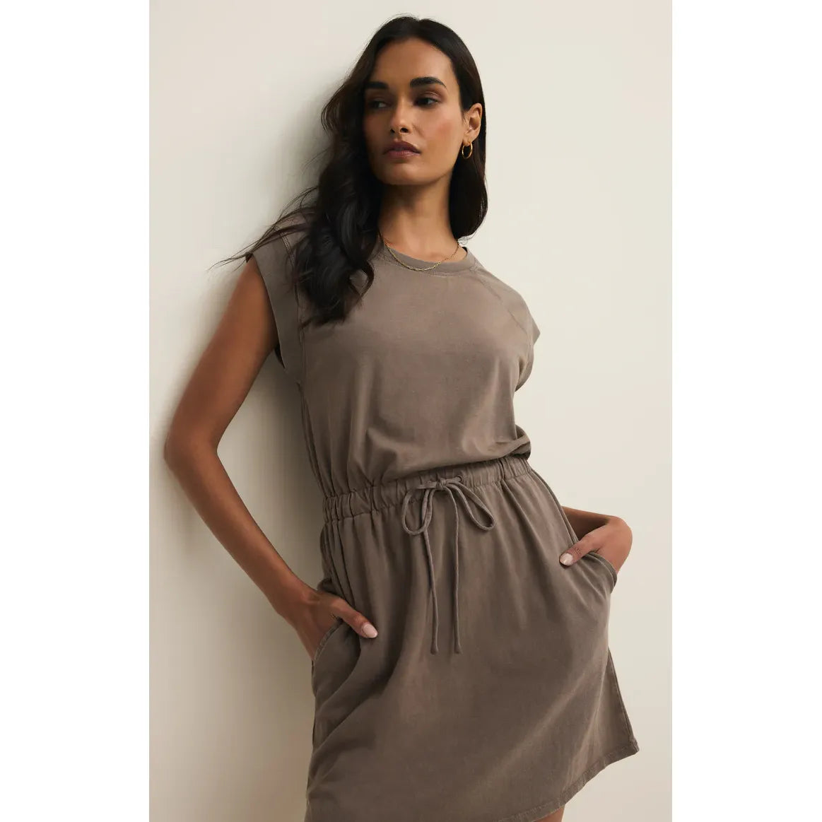 Z Supply Kalani Mini Dress in taupe cotton jersey with relaxed fit, elastic waistband, and pockets.