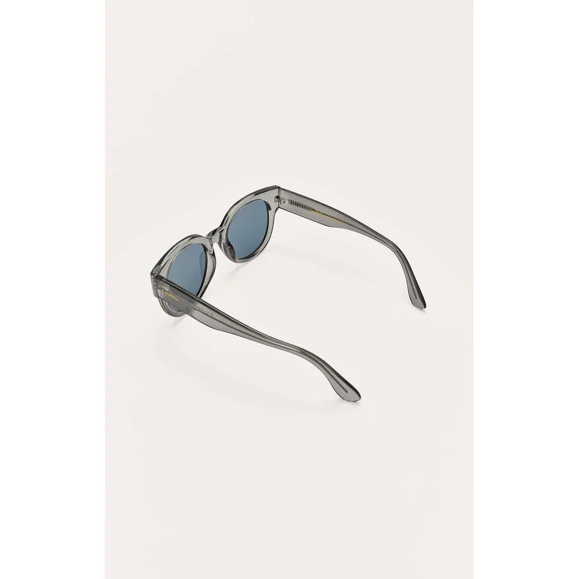 Lunch Date sunglasses with gray frame and blue lenses, medium size for rectangular faces, UV 400 protection.