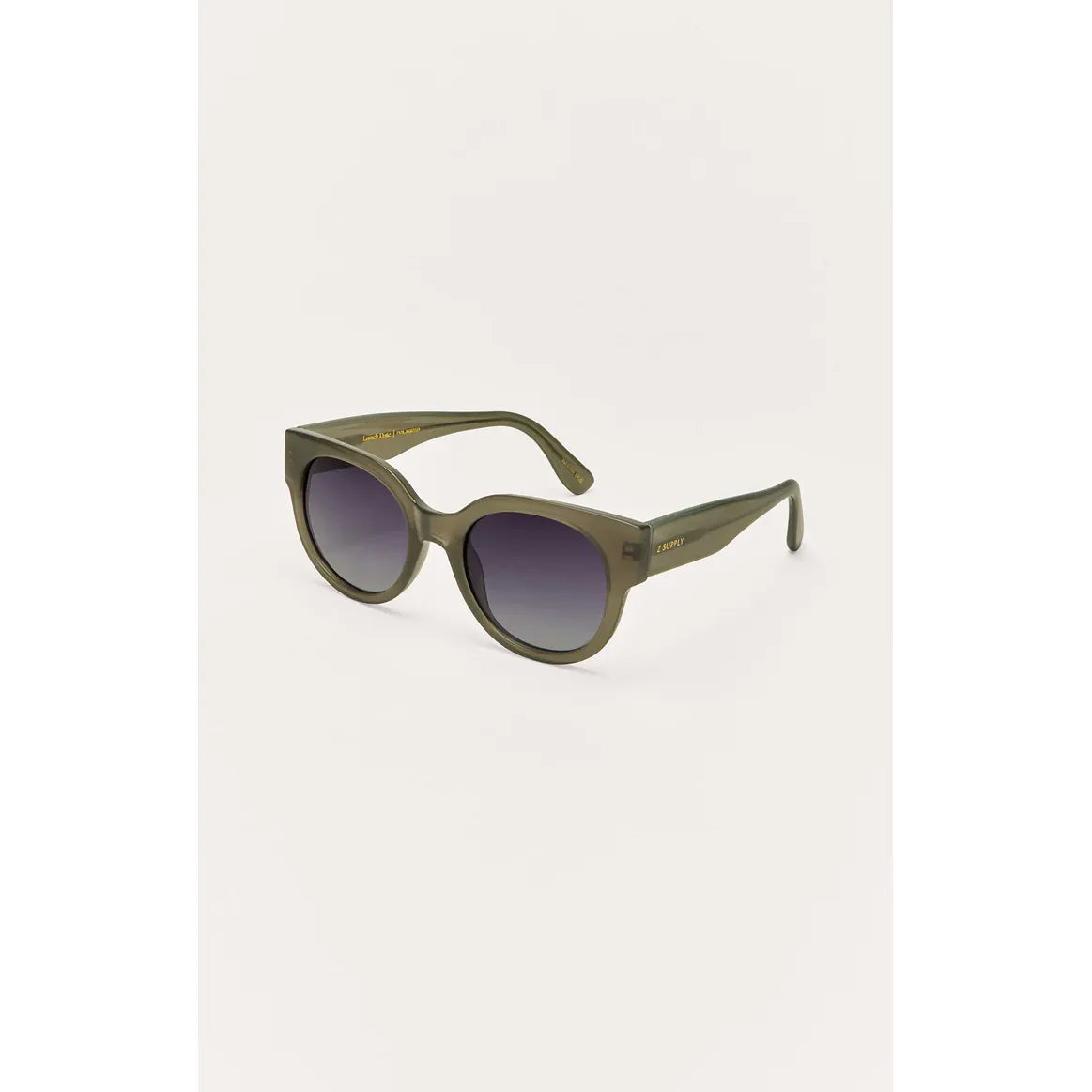 Z Supply Lunch Date Sunglasses in olive-green frame with gradient lenses, medium for rectangular faces, UV protection.
