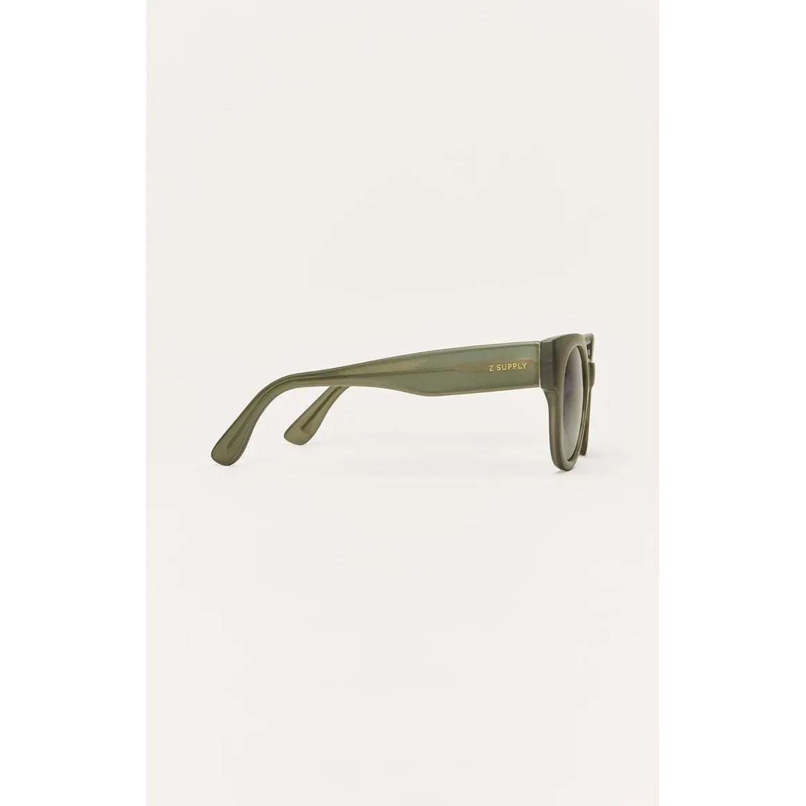Olive green Z Supply Lunch Date sunglasses with a medium frame and temple logo, 100% UV protection.