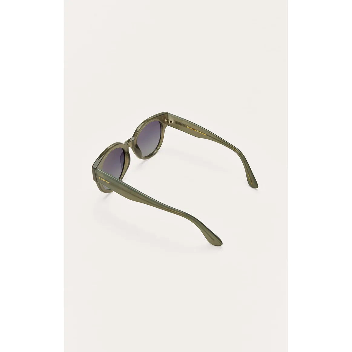 Z Supply Lunch Date sunglasses in olive translucent frame, medium-sized, purple lenses, full UVA/UVB/UVC protection.