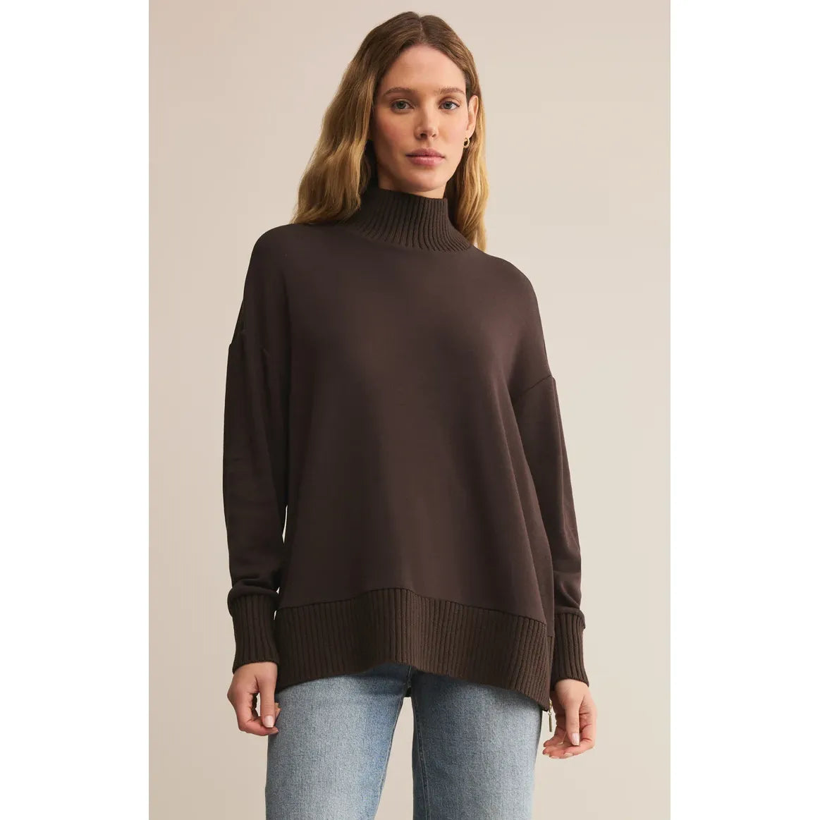 Z Supply Sable Luxe Mock Neck Top in dark brown, oversized midweight knit with ribbed cuffs and hem.