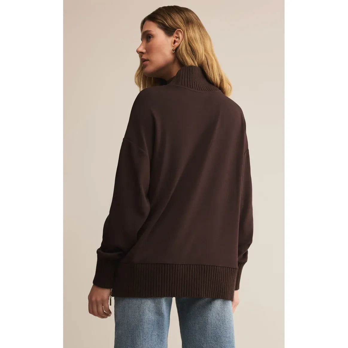 Z Supply Sable Luxe Mock Neck Top in dark brown, midweight knit, relaxed silhouette, ribbed trim, functional side zips