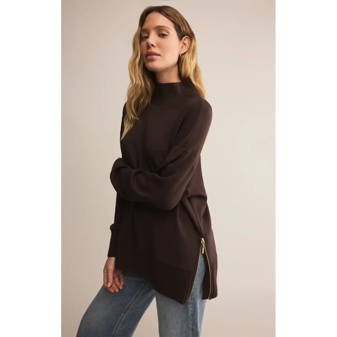 Z Supply Sable Luxe Mock Neck Top in deep brown midweight knit with relaxed silhouette, ribbed collar and side zip.