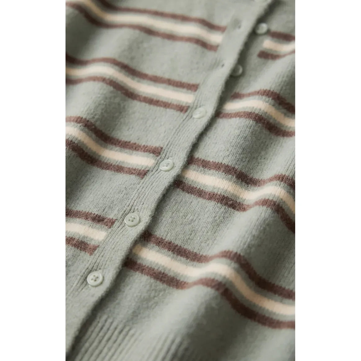 Retro sage green striped cardigan with brown and cream bands, featuring a cozy knit texture and front button closure.