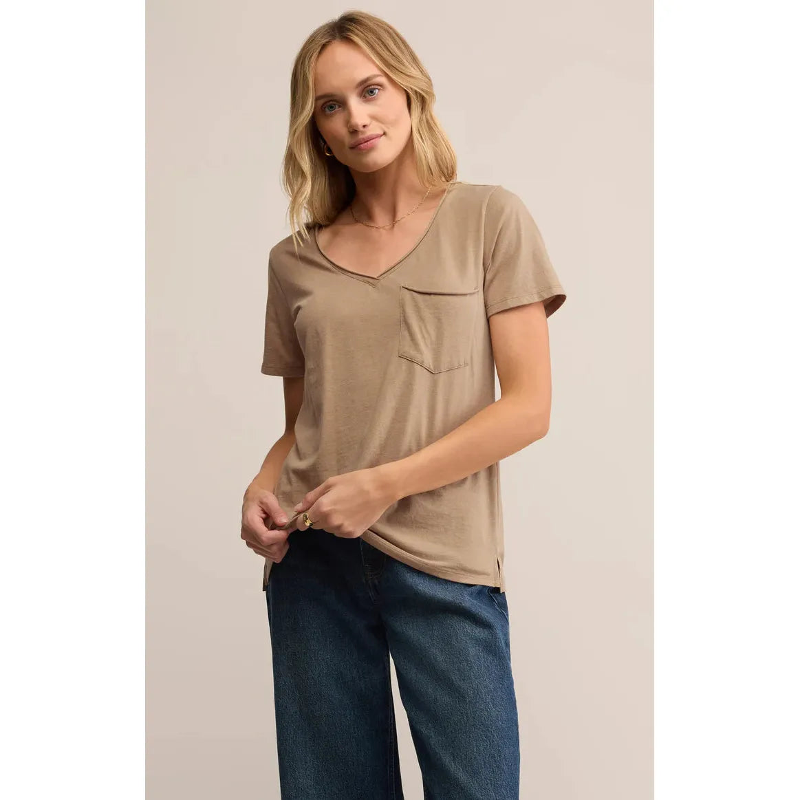 Model wearing Z Supply Modern Pocket Tee, desert tan, front pocket, straight hem and raw-edge details