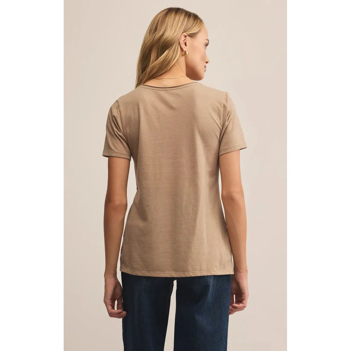 Z Supply Modern Pocket Tee desert tan back view on model, straight hem, raw-edge detail, pairs with denim
