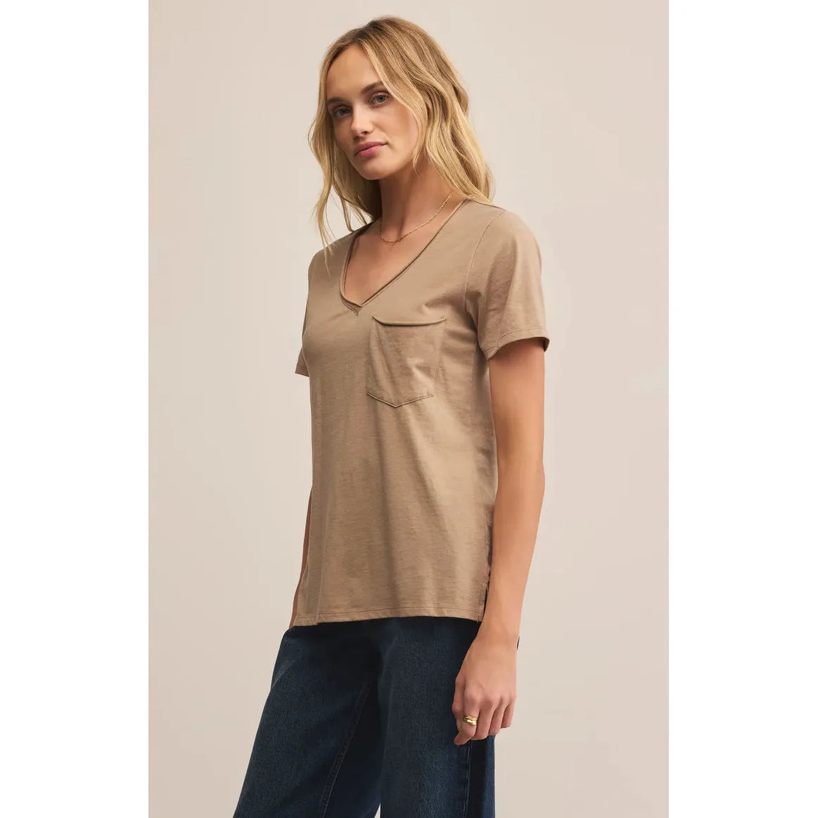 Z Supply Modern Pocket Tee desert tan with raw-edge pocket and straight hem, styled with denim