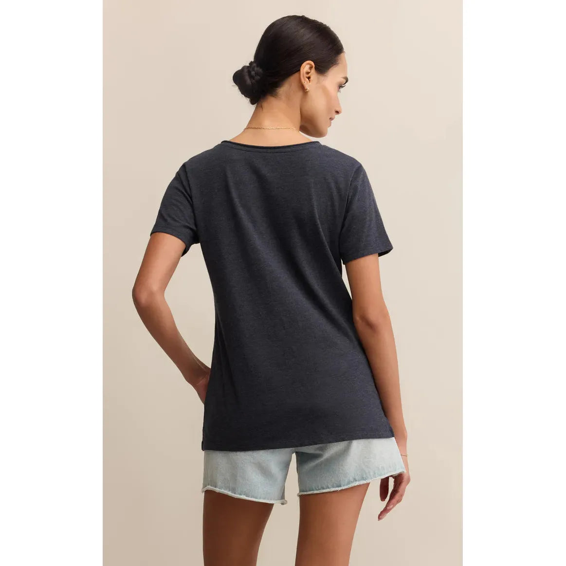 Z Supply Modern Pocket Tee charcoal back on model, straight hem, raw-edge detail, paired with denim