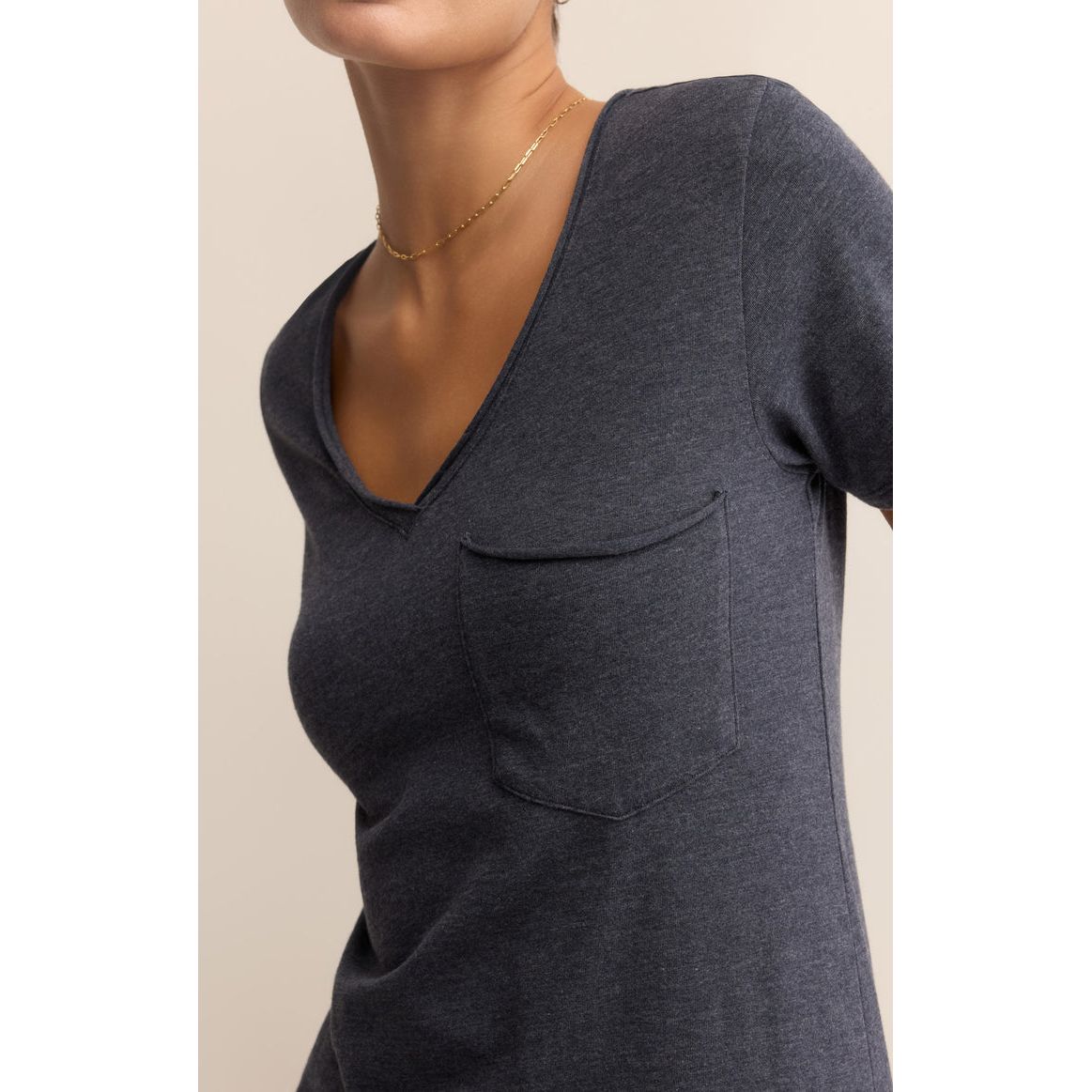 Z Supply Modern Pocket Tee charcoal V‑neck with raw‑edge chest pocket on ultra‑soft fabric