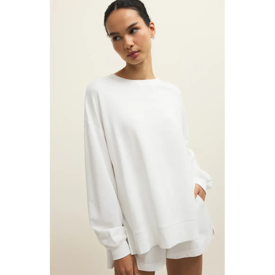 Model wearing Z Supply Modern Weekender Sweatshirt in buttery-soft baby French terry, relaxed oversized fit.