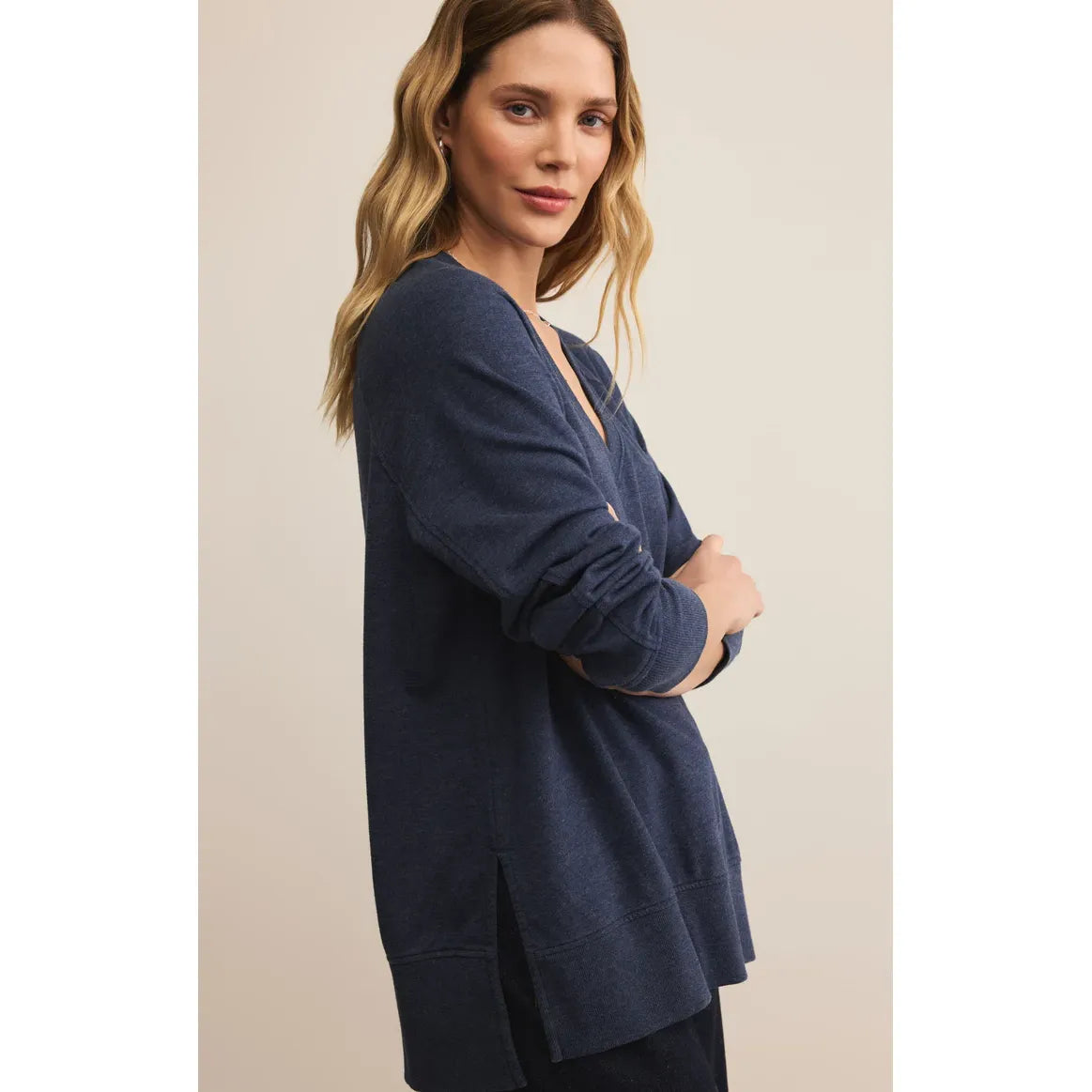 Z Supply Modern V-Neck Weekender Top in navy, oversized long-sleeve with side slits and hi-low hem
