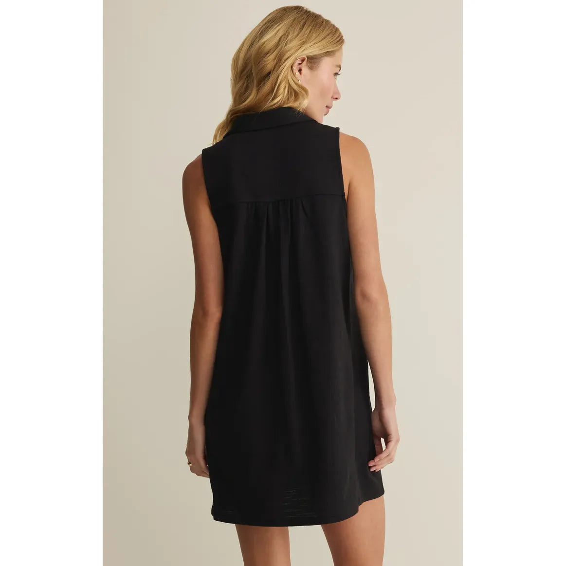 Back view: Z Supply New Light Textured Mini Dress, black sleeveless collared mini with relaxed fit.