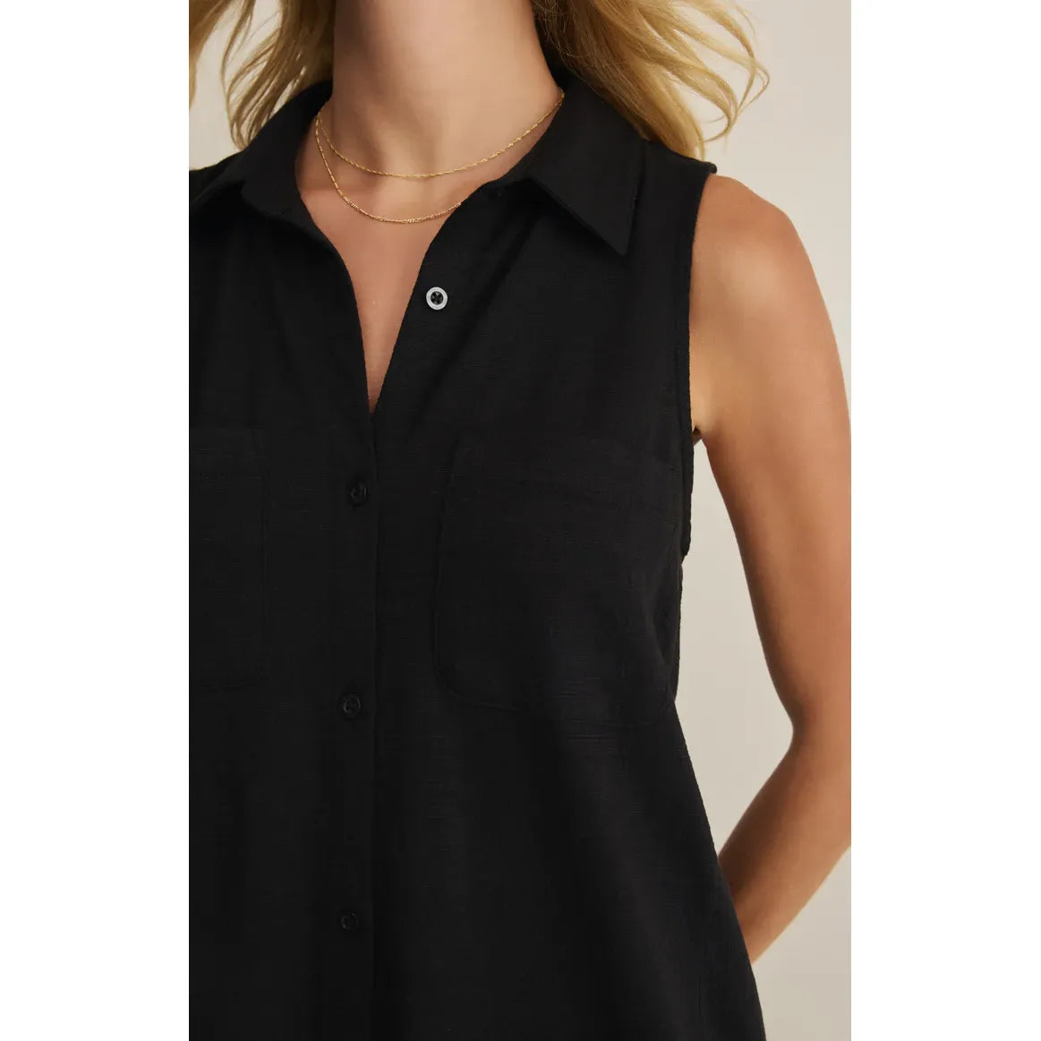 Z Supply New Light Textured Mini Dress, black sleeveless collared button-front mini dress in textured slub knit.