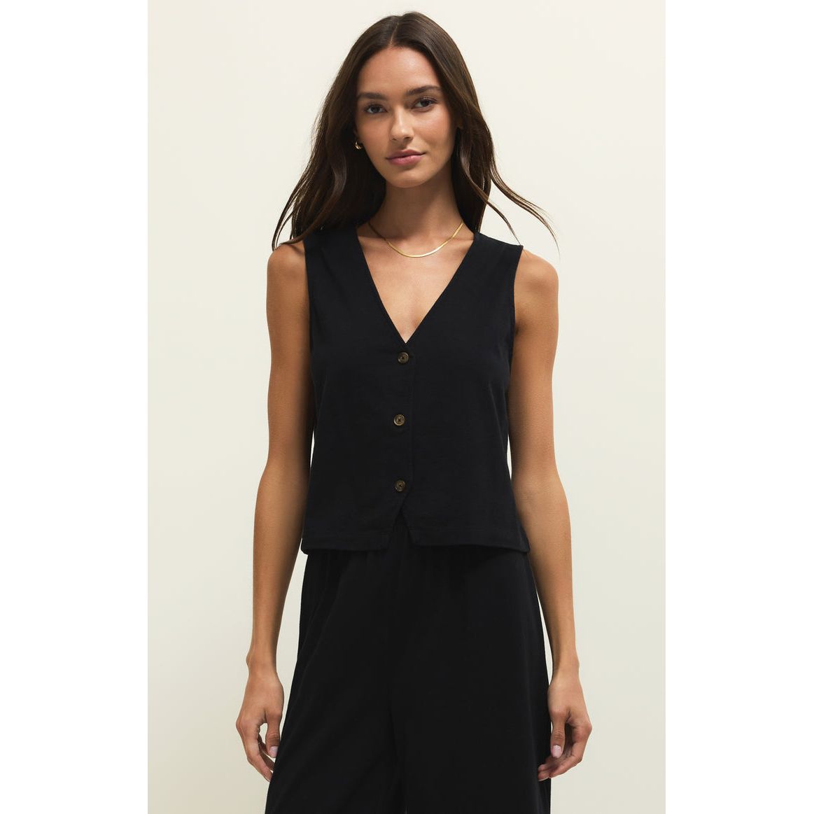 Z Supply Noelle Jersey Sleeveless Top in black, 100% cotton jersey with V-neck and button front.