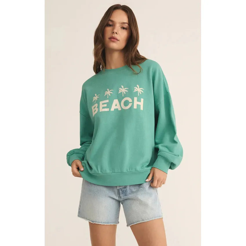 Z Supply Palms Sunday Sweatshirt in aqua, featuring a relaxed fit and cozy crew neck, perfect for casual lounging.