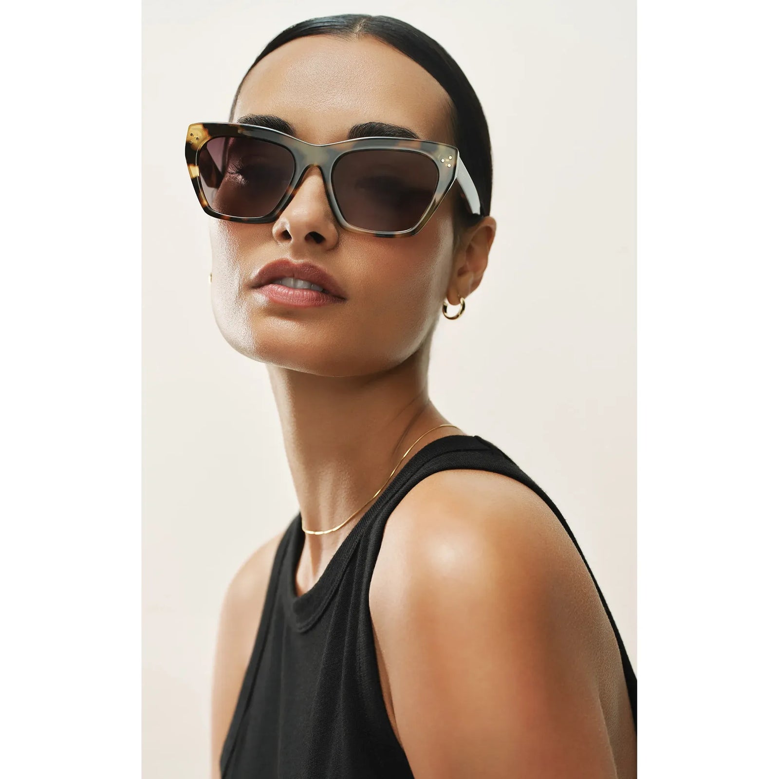Z Supply Park Avenue sunglasses worn by model with tortoise oversized square frames and polarized lenses.