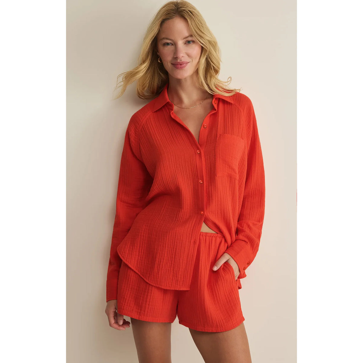 Z Supply Perfect Airy Gauze Button Up Top in coral with matching shorts, lightweight crinkle cotton, relaxed fit.