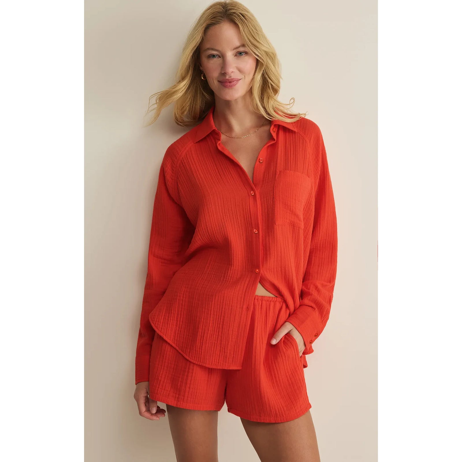 Z Supply Perfect Airy Gauze Button Up Top in coral with matching shorts, lightweight crinkle cotton, relaxed fit.