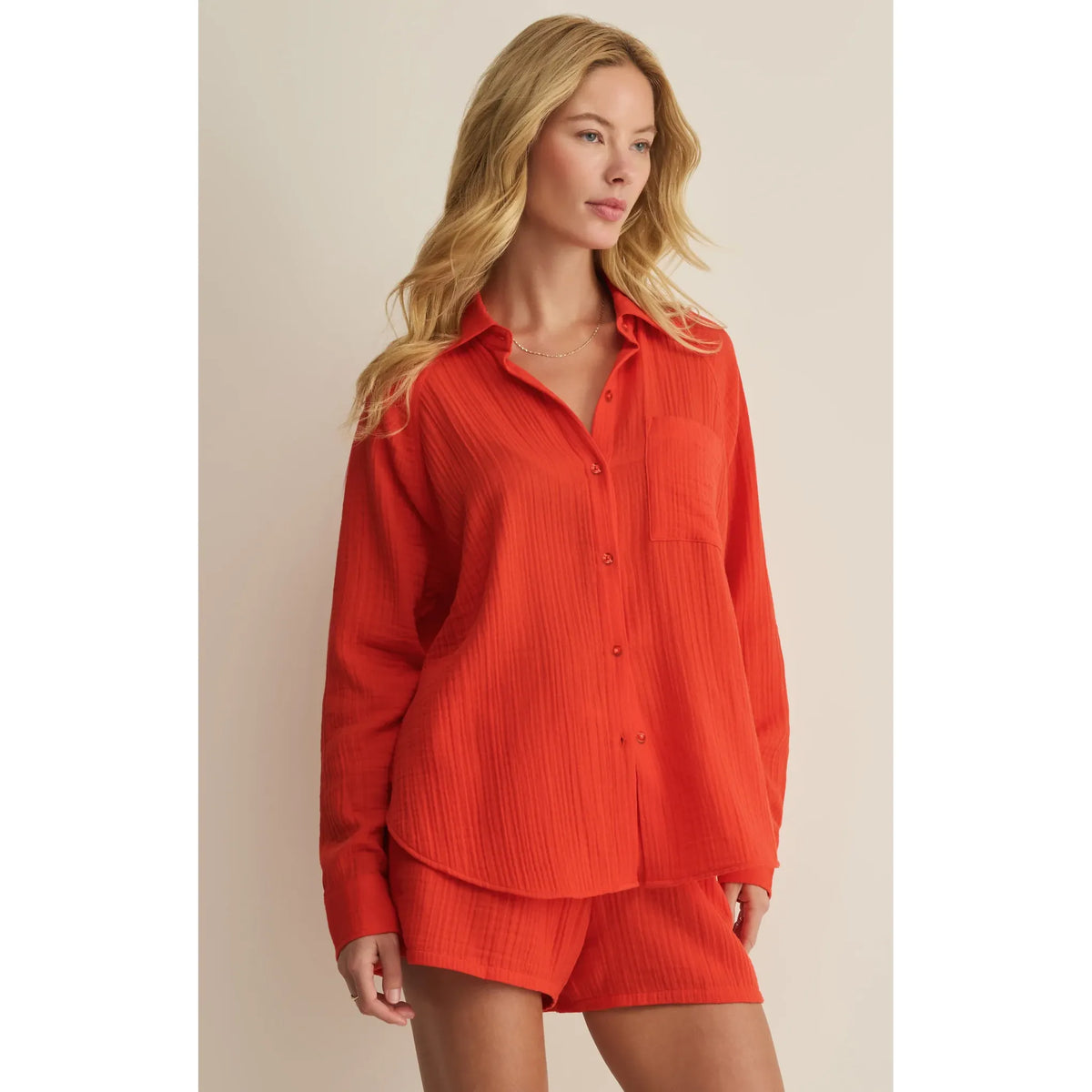 Z Supply Perfect Airy Gauze Button Up Top in red-orange with crinkle cotton, relaxed fit, collar and buttons.