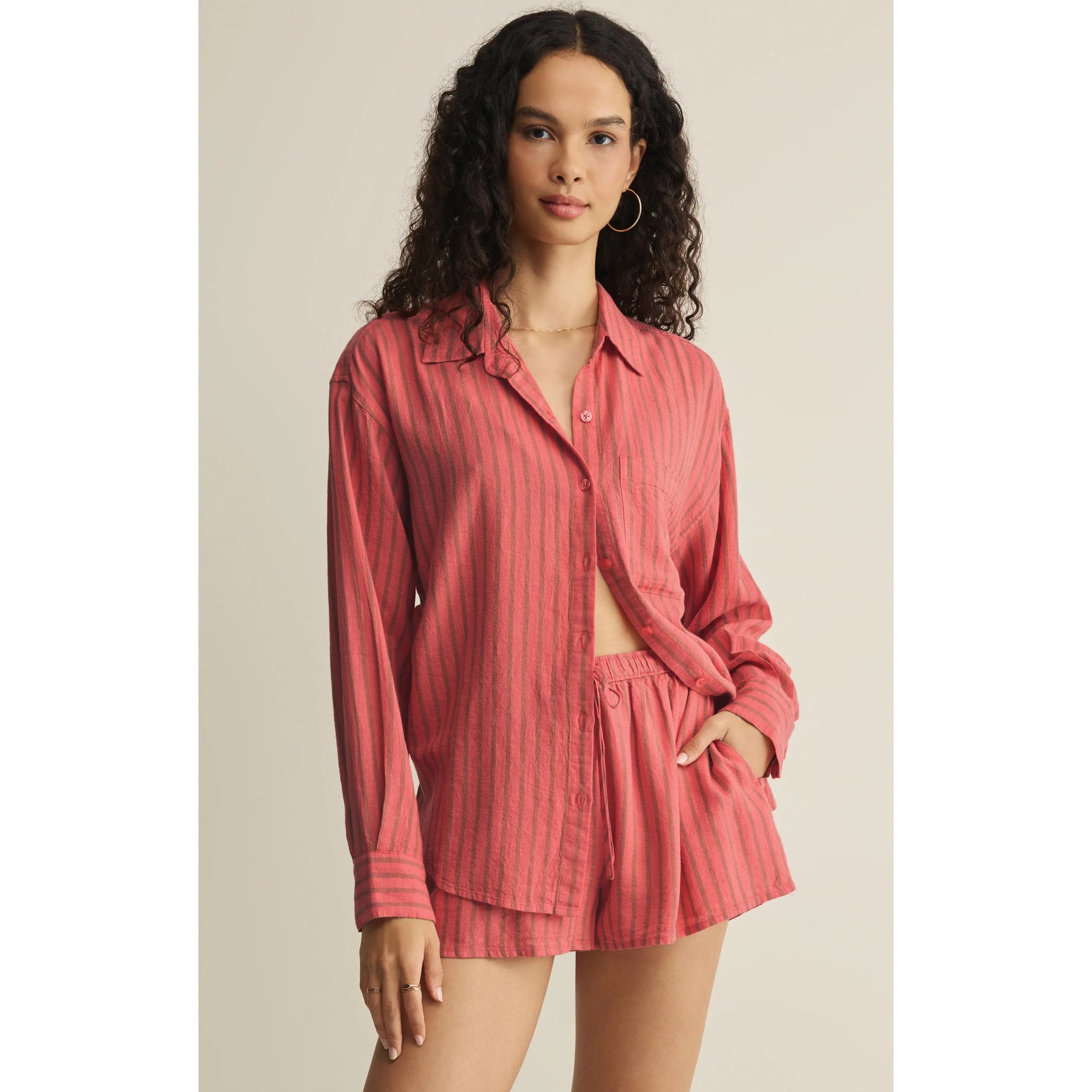 Model wearing Z Supply Perfect Striped Button Up Top in pink vertical stripes, relaxed button-down with chest pocket.