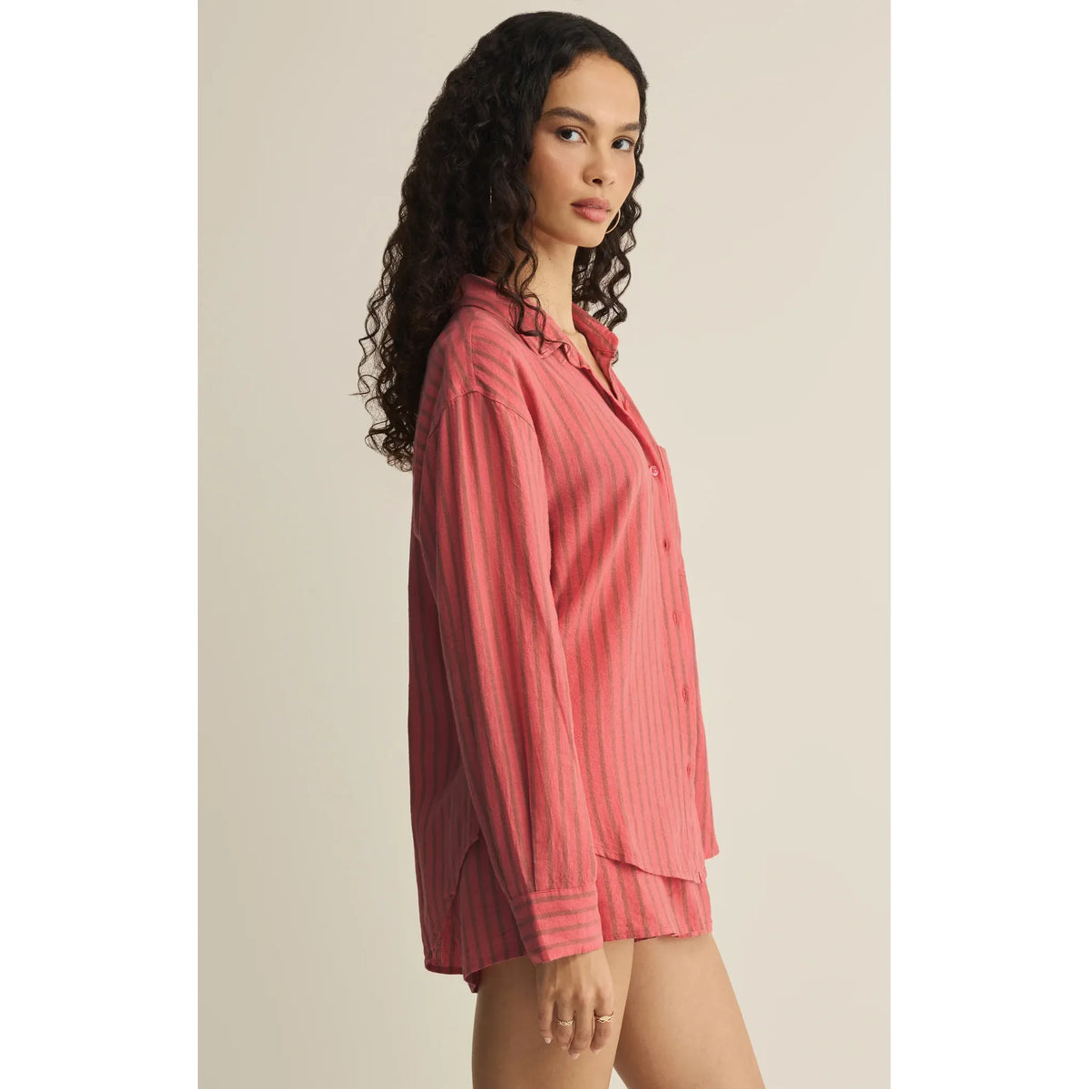 Z Supply Perfect Striped Button Up Top: lightweight linen, vertical stripes, relaxed collar, chest pocket, curved hem.
