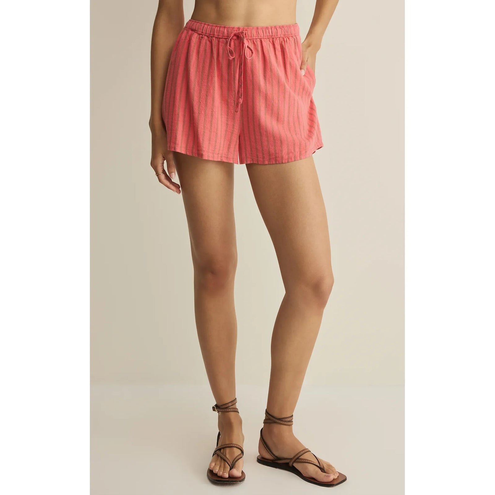 Z Supply The Perfect Linen Striped Short: pink striped shorts with drawstring waist and pockets.