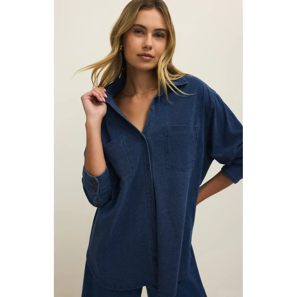 Z Supply Reese Jersey Button Up in Indigo