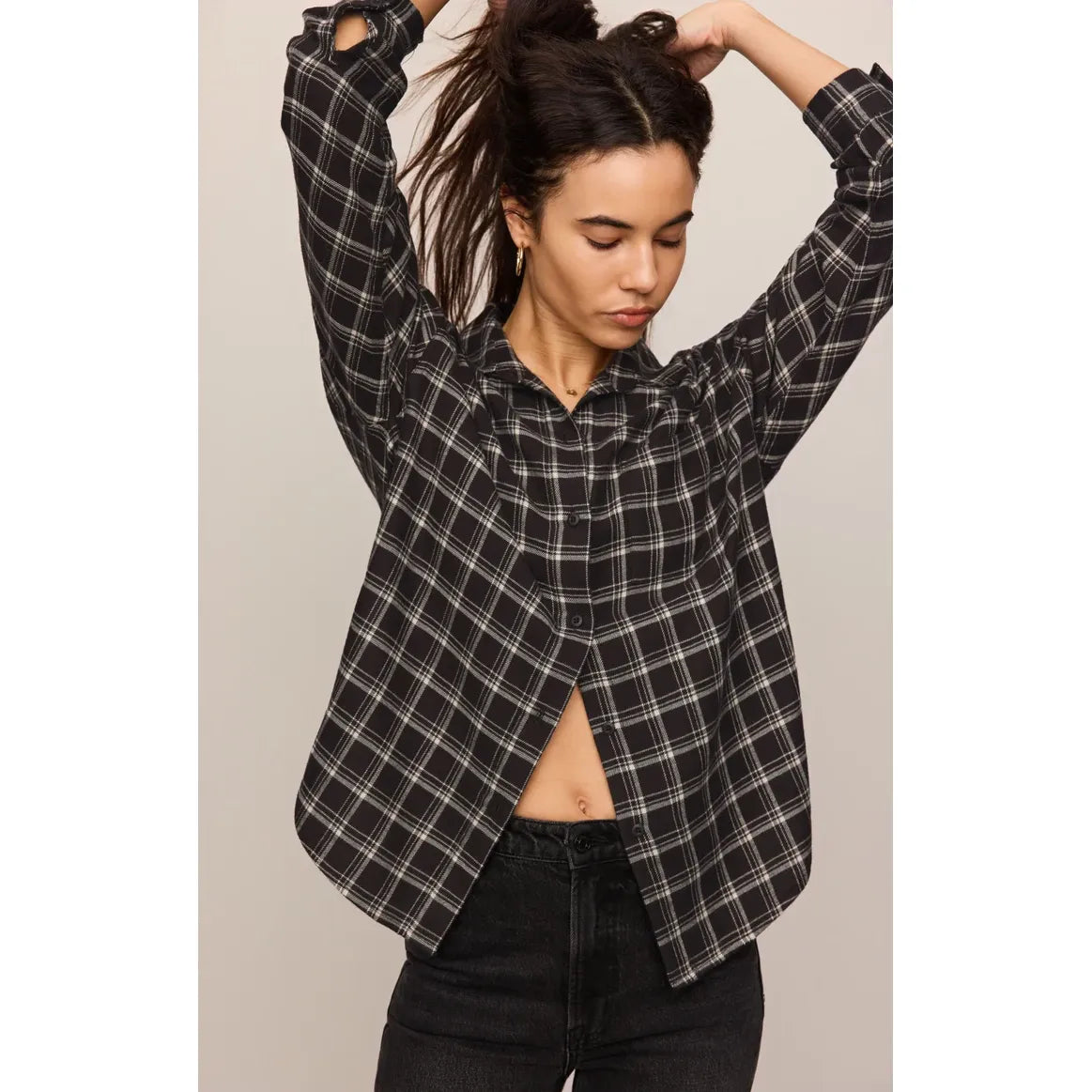Z Supply River Plaid Button Up in Chocolate Cherry, relaxed brushed fabric worn by model.