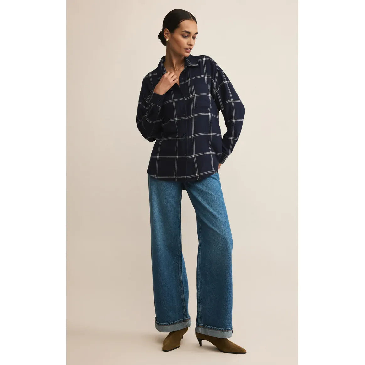 Z Supply River Plaid Button Up Top in navy plaid, breezy fabric, model wearing size small with wide-leg jeans.
