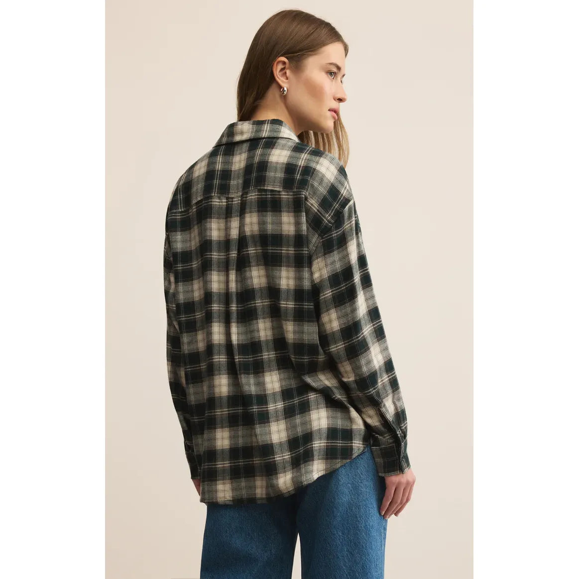 Z Supply River Plaid Button Up Top on Sharlene in size small, back view, dark green plaid.